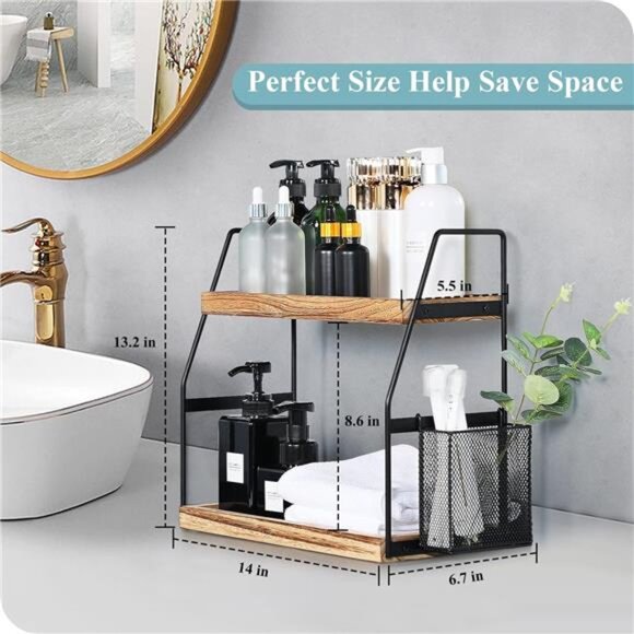 Bathroom Counter Organizer, 2-Tier Standing Storage Shelf with Basket, Wood - Picture 3 of 8